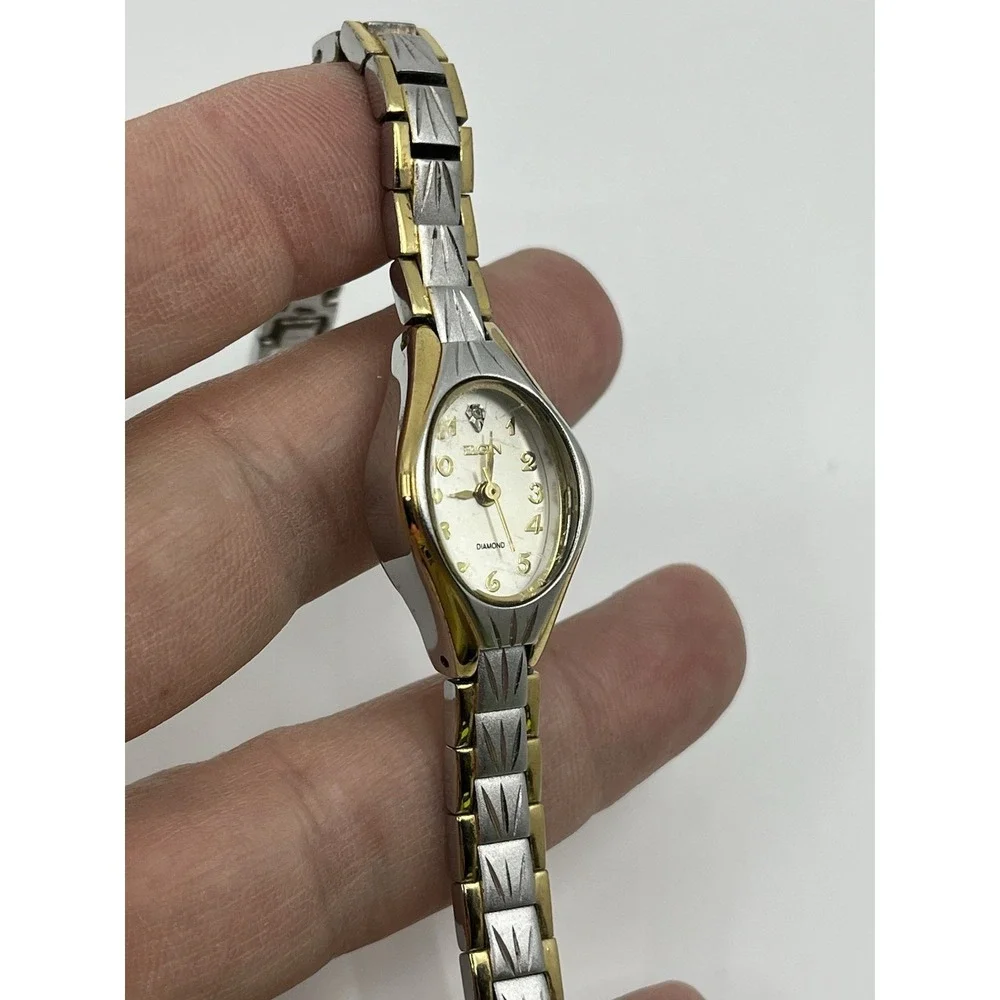 Vintage Elgin Women's Watch Gold Silver Tone Band Diamond Accent Parts Only